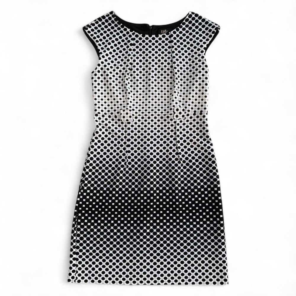 ILE New York Blue White Black Polkadot Short Sleeves Sheath Dress Women's Size 6